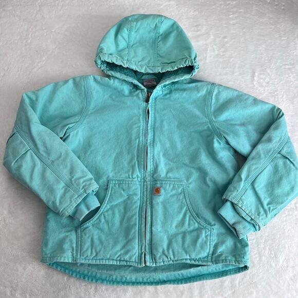 Carhartt Mint Green Girls hooded Jacket size Medium 10-12 Sherpa Lined - Picture 1 of 10